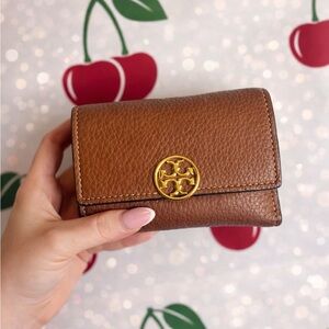Tory Burch Miller Medium Flap Wallet Tan Pebbled Leather 🍒